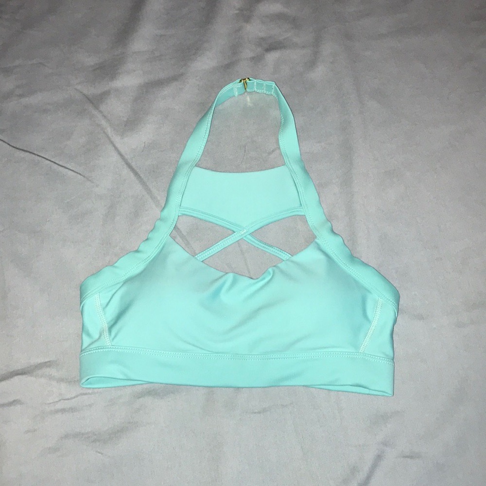 teal weight lifting bra